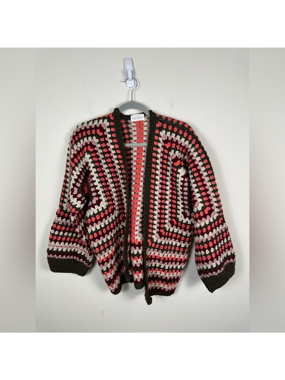 Sems Eyes Crochet Cardigan Women M Pink Hand Crafted Boho Granny Square Sweater